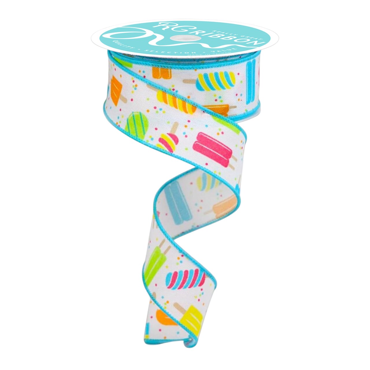 RG Ribbon: 1.5" - 2.5" Popsicle Print Ribbon with Wired Edges For Bows, Wreaths, Crafts, and Decorations - White, Blue, Pink, Green